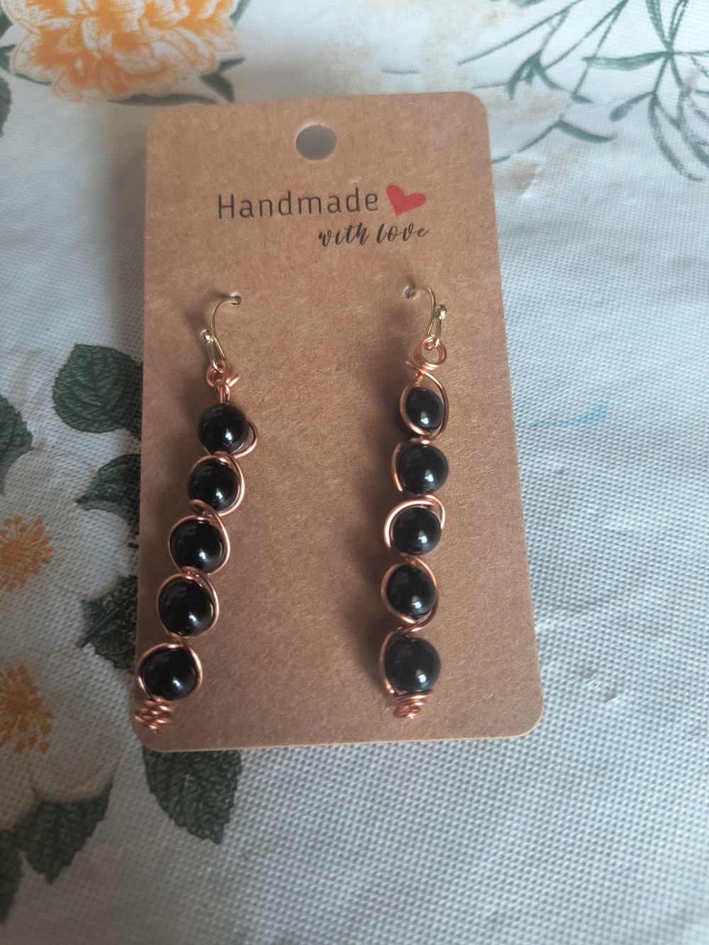 Hand Crafted Black Bead Earrings with Copper Wire Accents